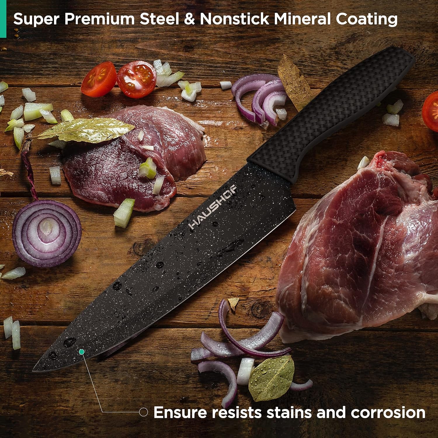 Kitchen Knife Set, 5 PCS Knife Sets with Arcylic Block, Teflon Coated Black Knives Set for Kitchen, Premium Stainless Steel Knives Set with Ergonomic Handle, Great for Slicing, Dicing&Cutting