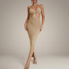 Backless cutout maxi dress in oatmeal - front view with slit hem