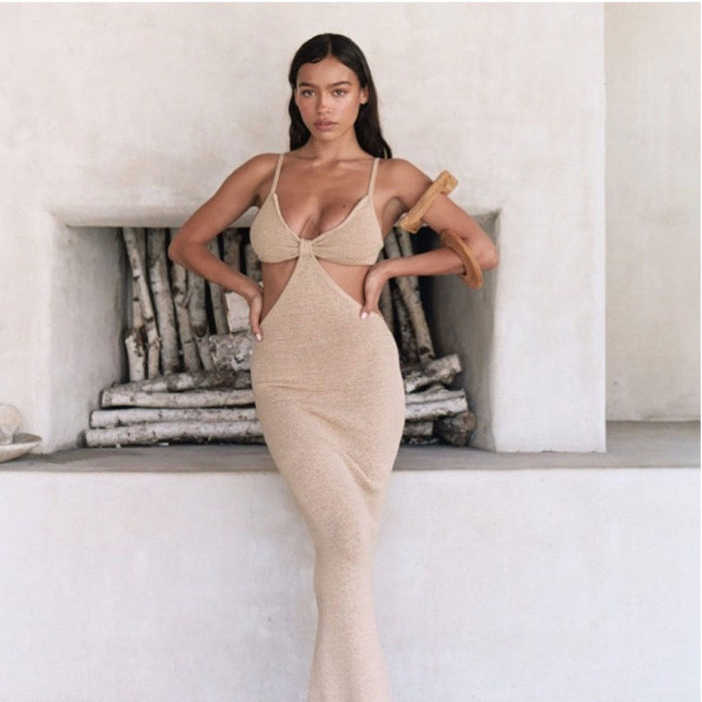 Backless cutout maxi dress in oatmeal with twist-front bust and open waist cutout