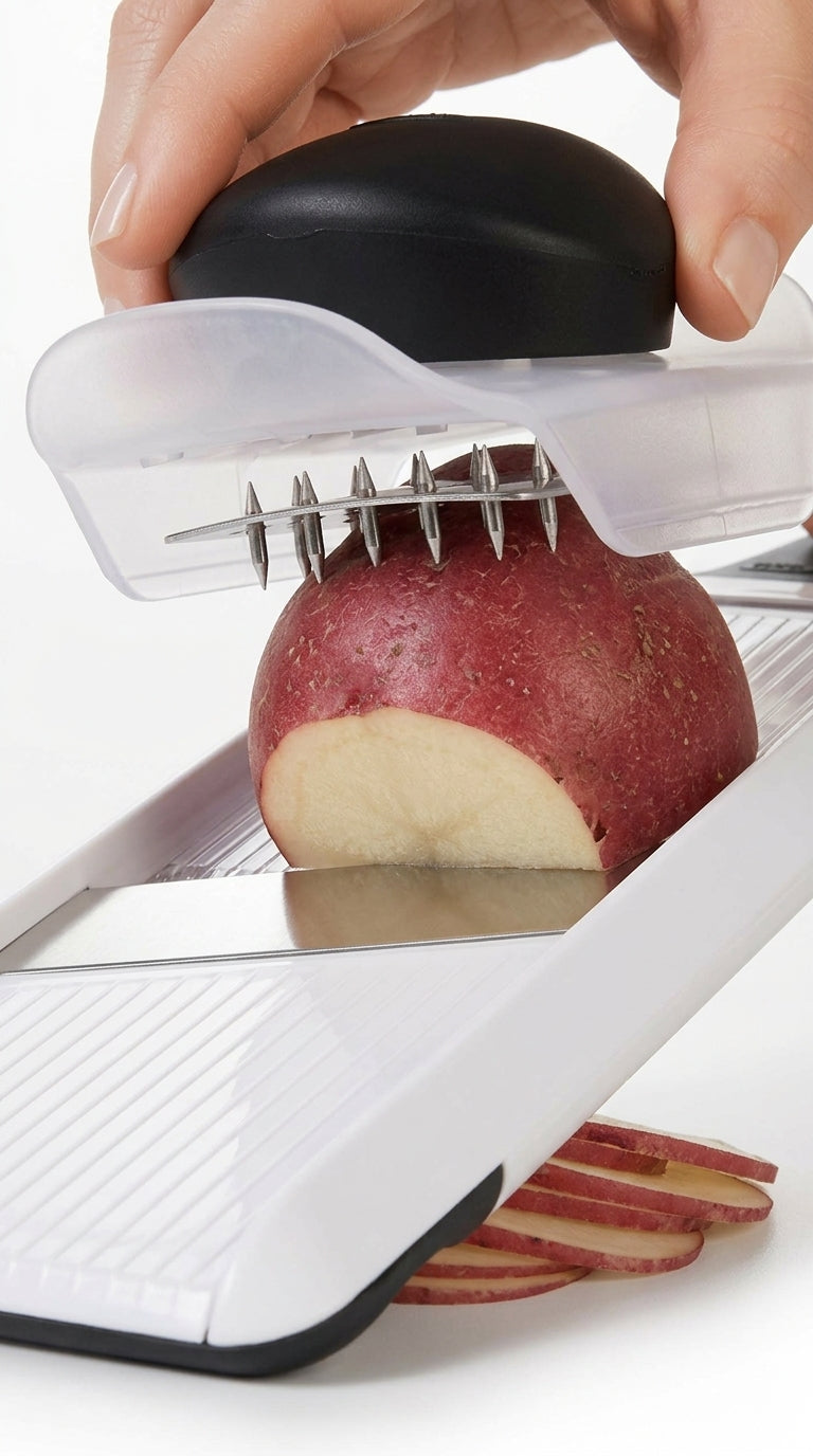 Handheld mandoline slicer cutting thin apple slices