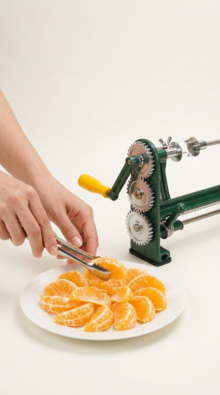 Hands serving freshly peeled orange segments next to the hand crank peeler