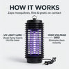How it works: UV light lure draws insects in, high-voltage grid zaps mosquitoes, flies and gnats on contact