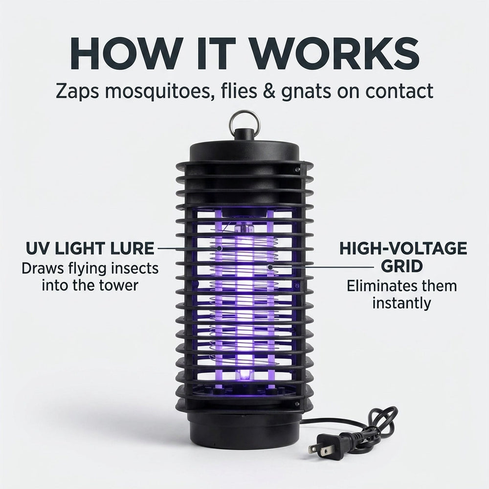 How it works: UV light lure draws insects in, high-voltage grid zaps mosquitoes, flies and gnats on contact