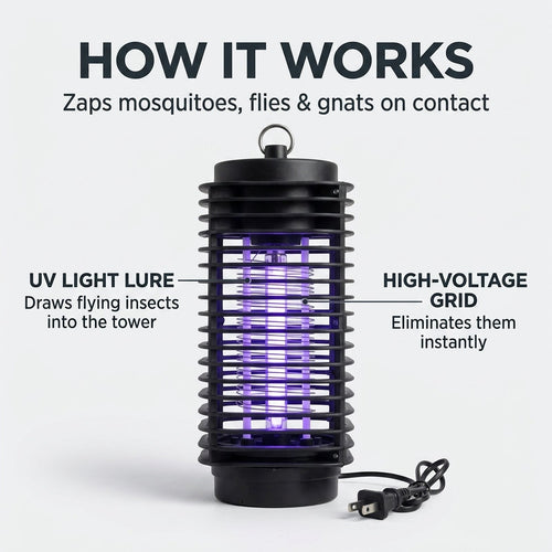 How it works: UV light lure draws insects in, high-voltage grid zaps mosquitoes, flies and gnats on contact