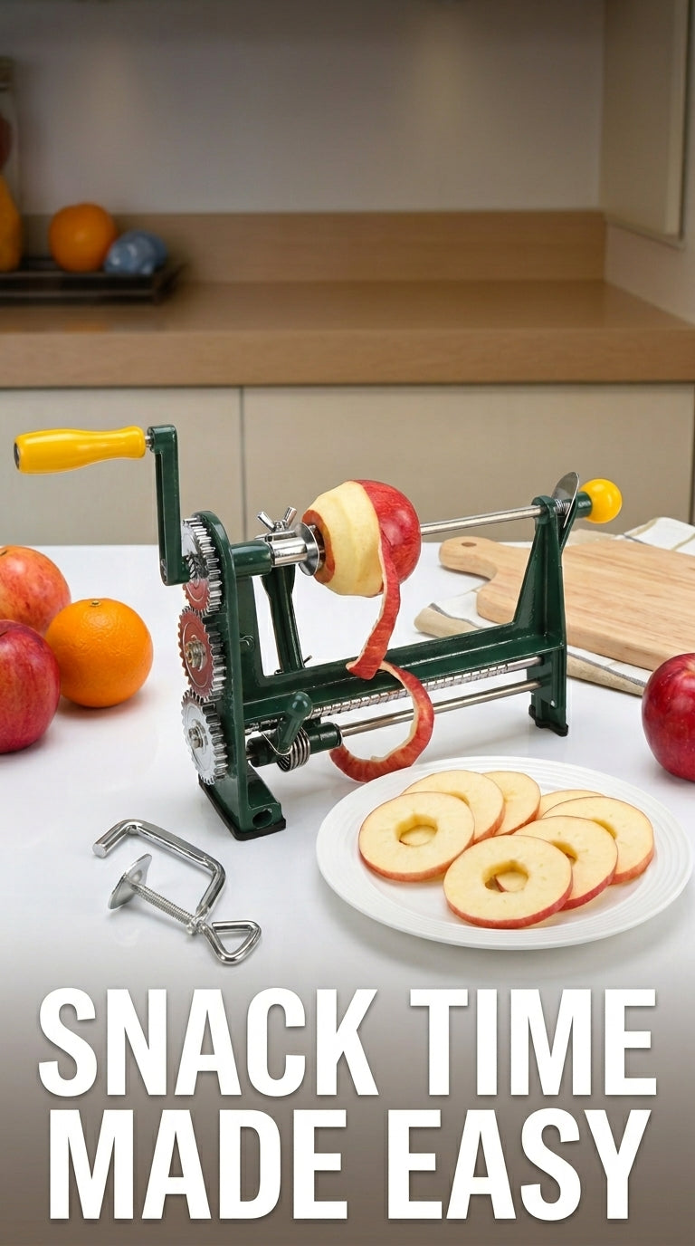 Green cast iron hand crank apple and orange peeler machine side view