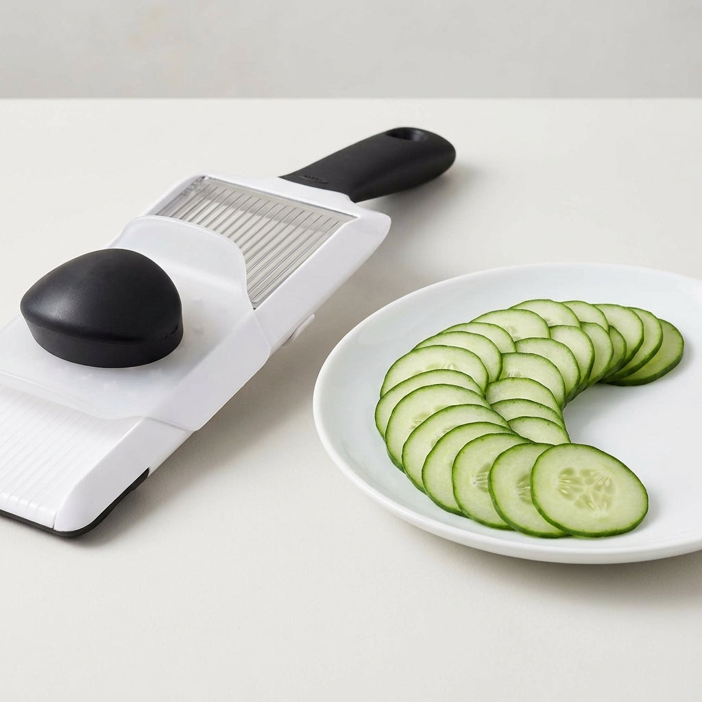 Mandoline slicing thin even cucumber rounds on a board