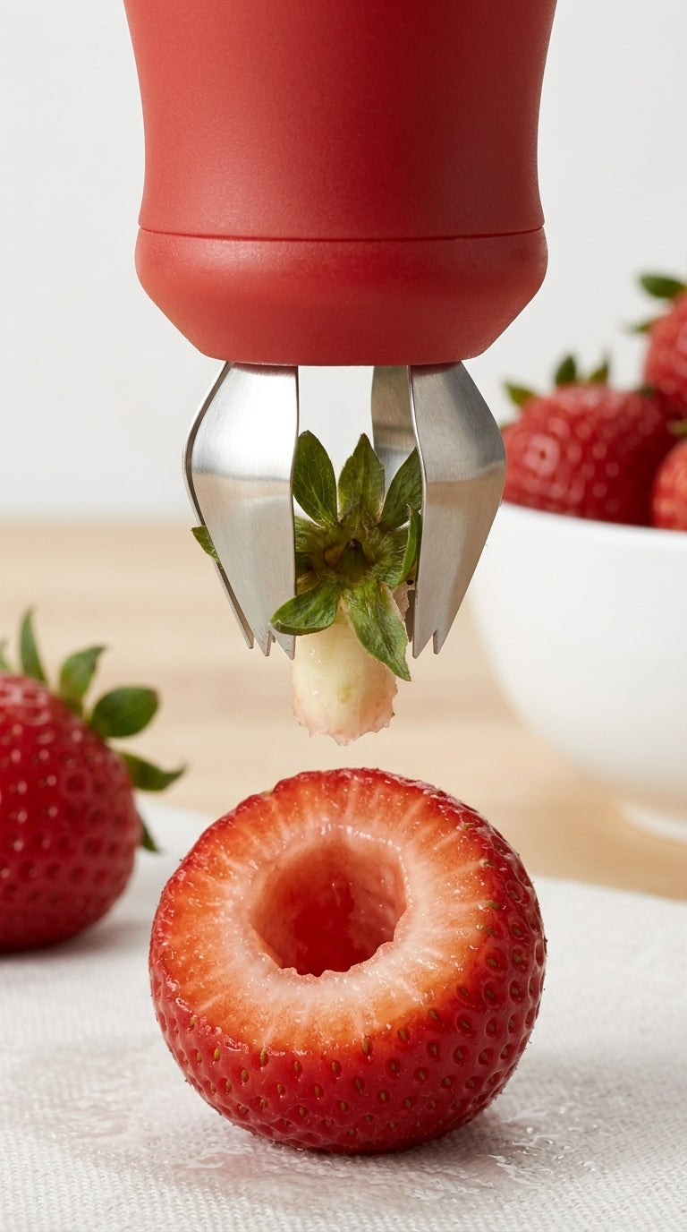 Steel claws pulling the stem and core out of a strawberry