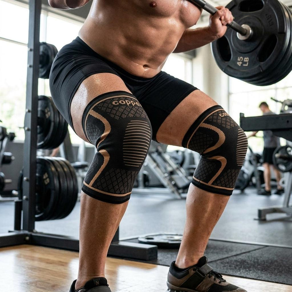 Knee compression sleeve worn at the gym during weight training