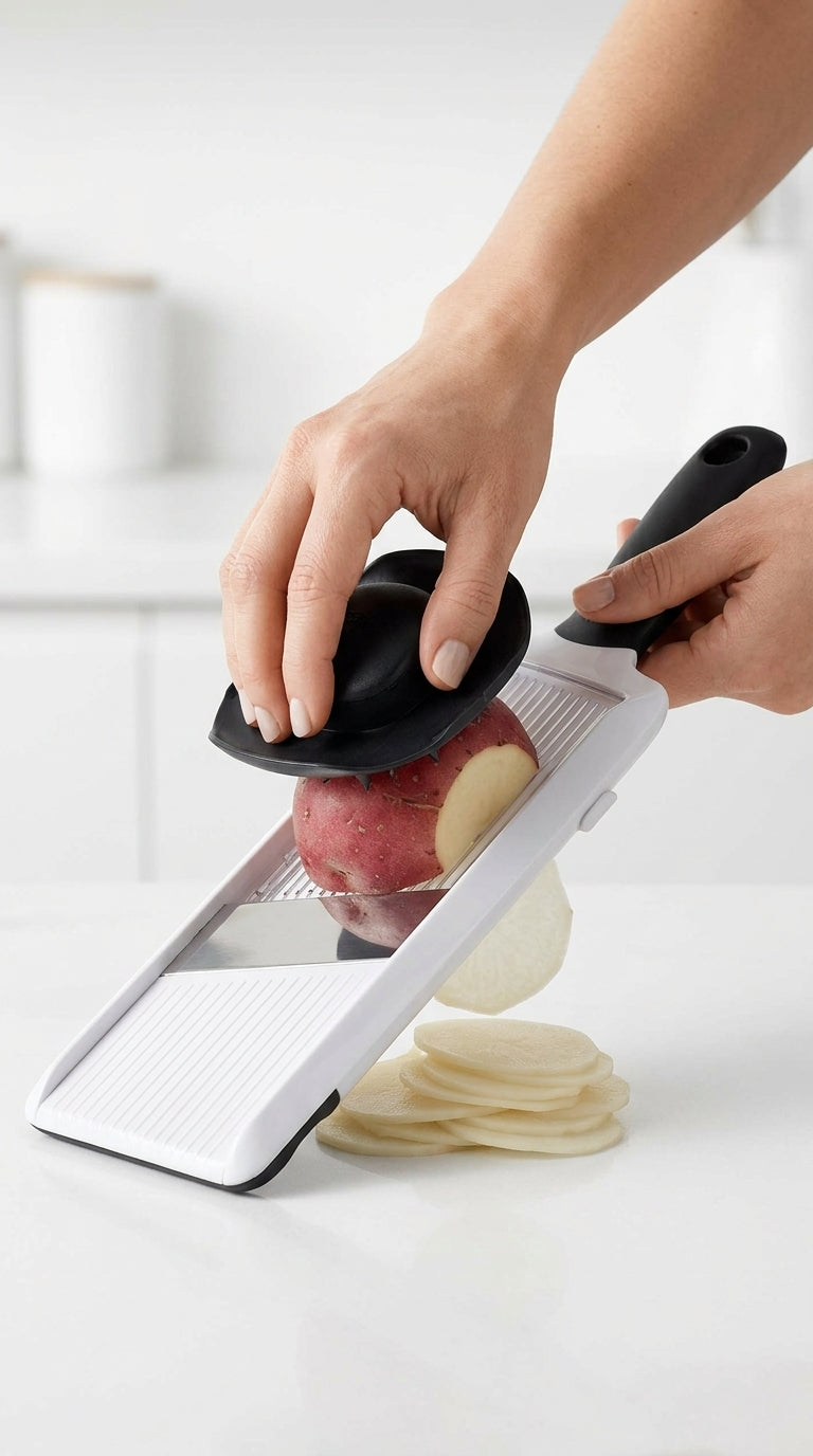 Hand guard protecting fingers while slicing on mandoline