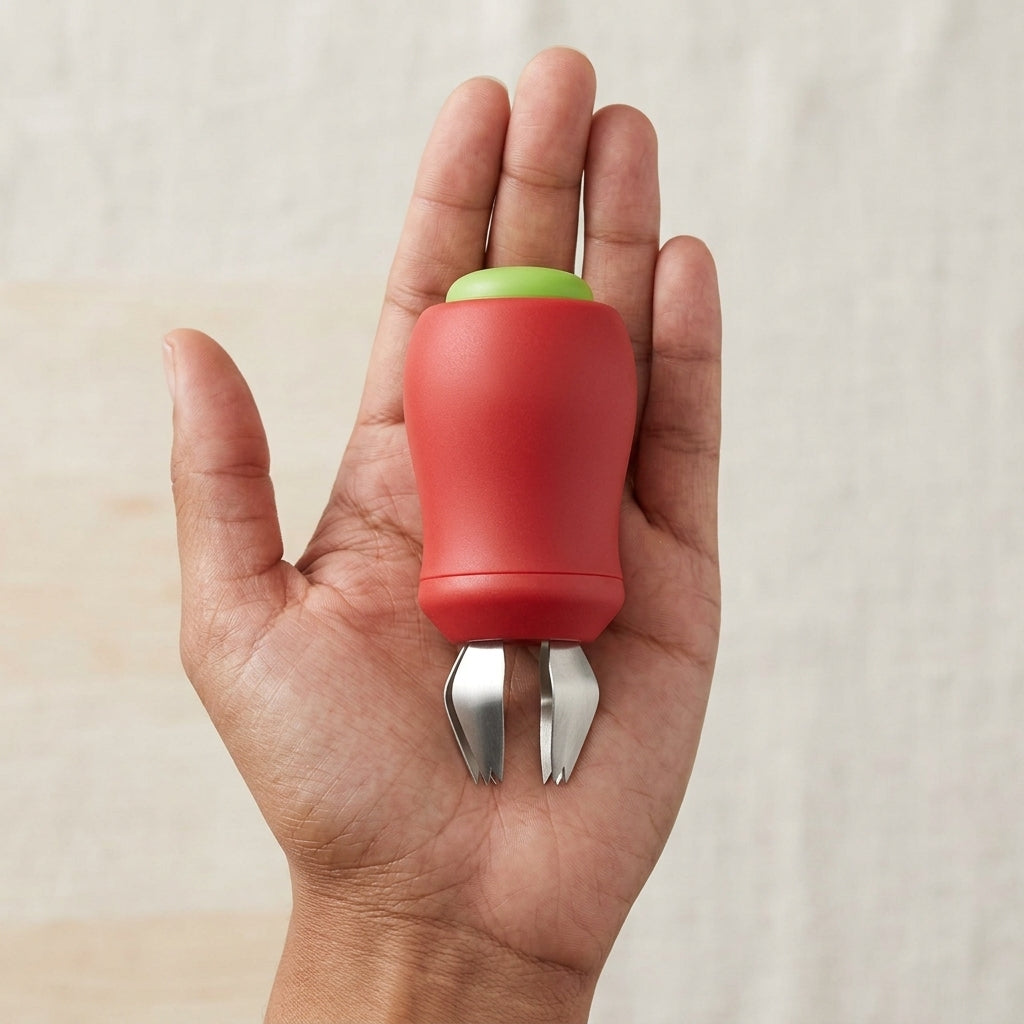 Strawberry huller held in palm showing the stainless steel claws