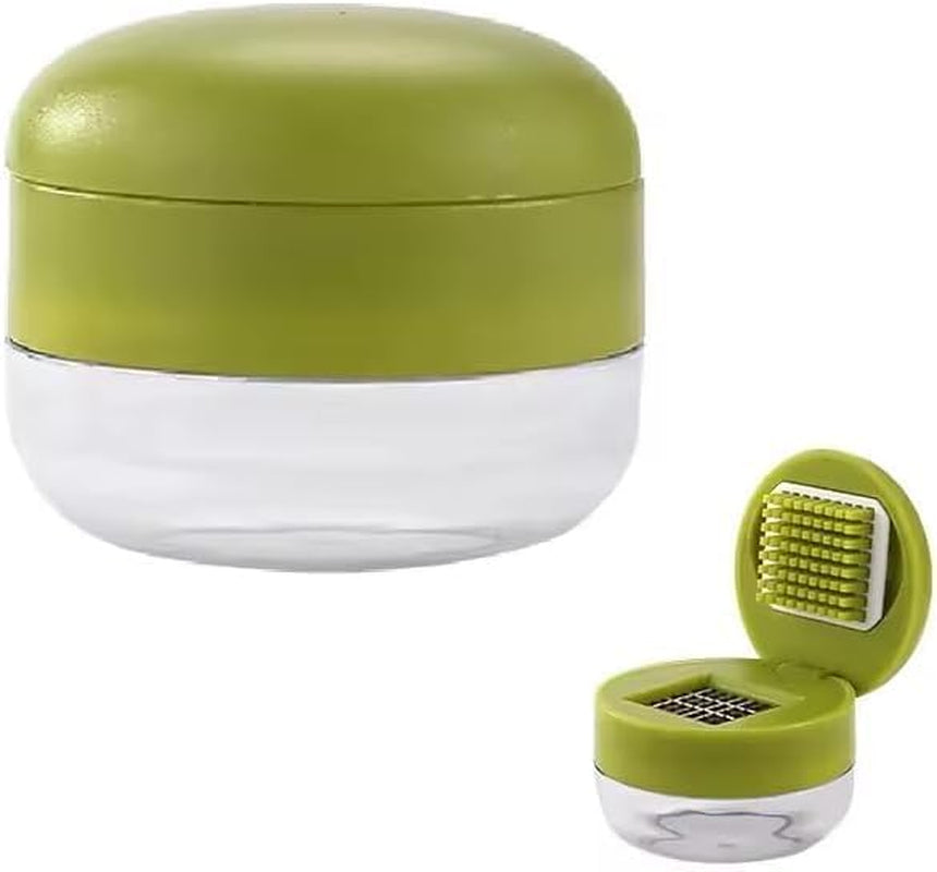 Mini Garlic Chopper and Press with Container,  Manual Garlic Mincer Crusher Cutter Grinder, Stainless Steel Blades, Handheld Garlic Slicer Dicer Zoom Tool – Green