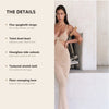 Detail guide: spaghetti straps, twist-knot bust, side cutouts, textured stretch knit and floor-sweeping hem