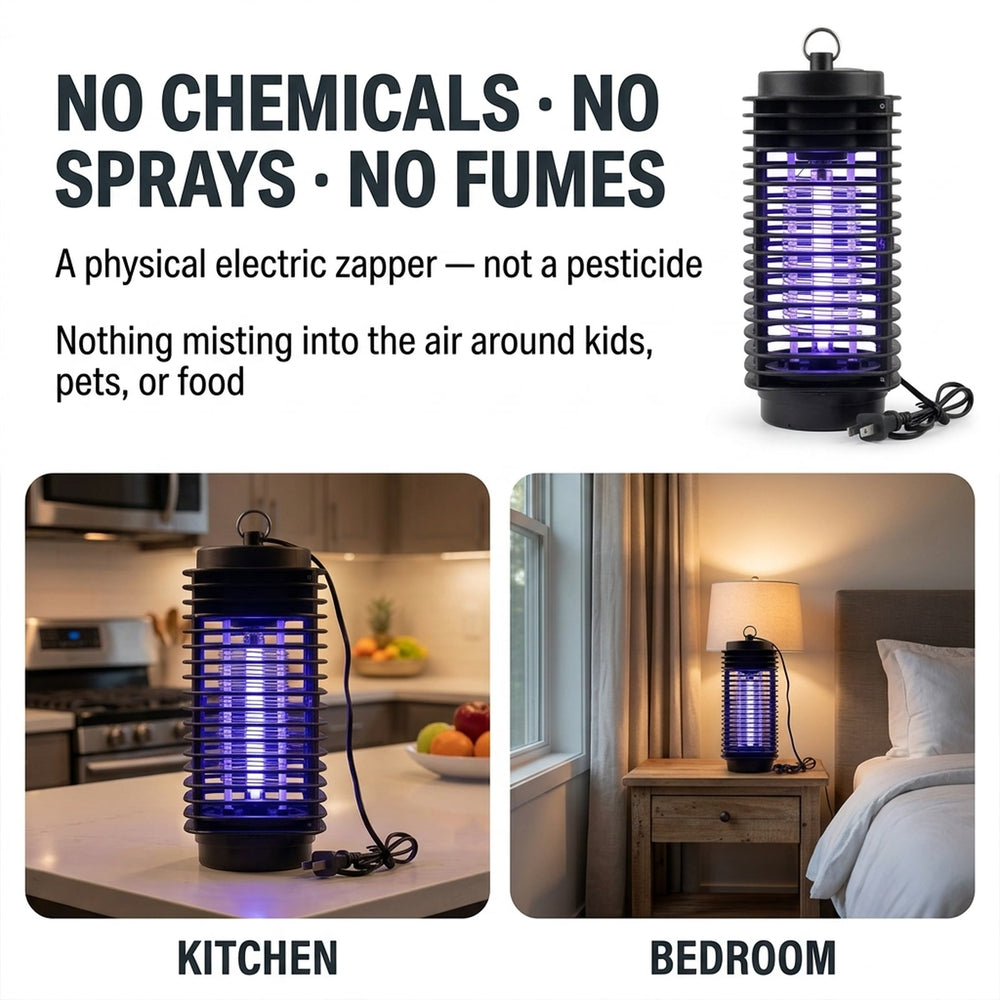 No chemicals, no sprays, no fumes - physical electric zapper, not a pesticide - kitchen and bedroom