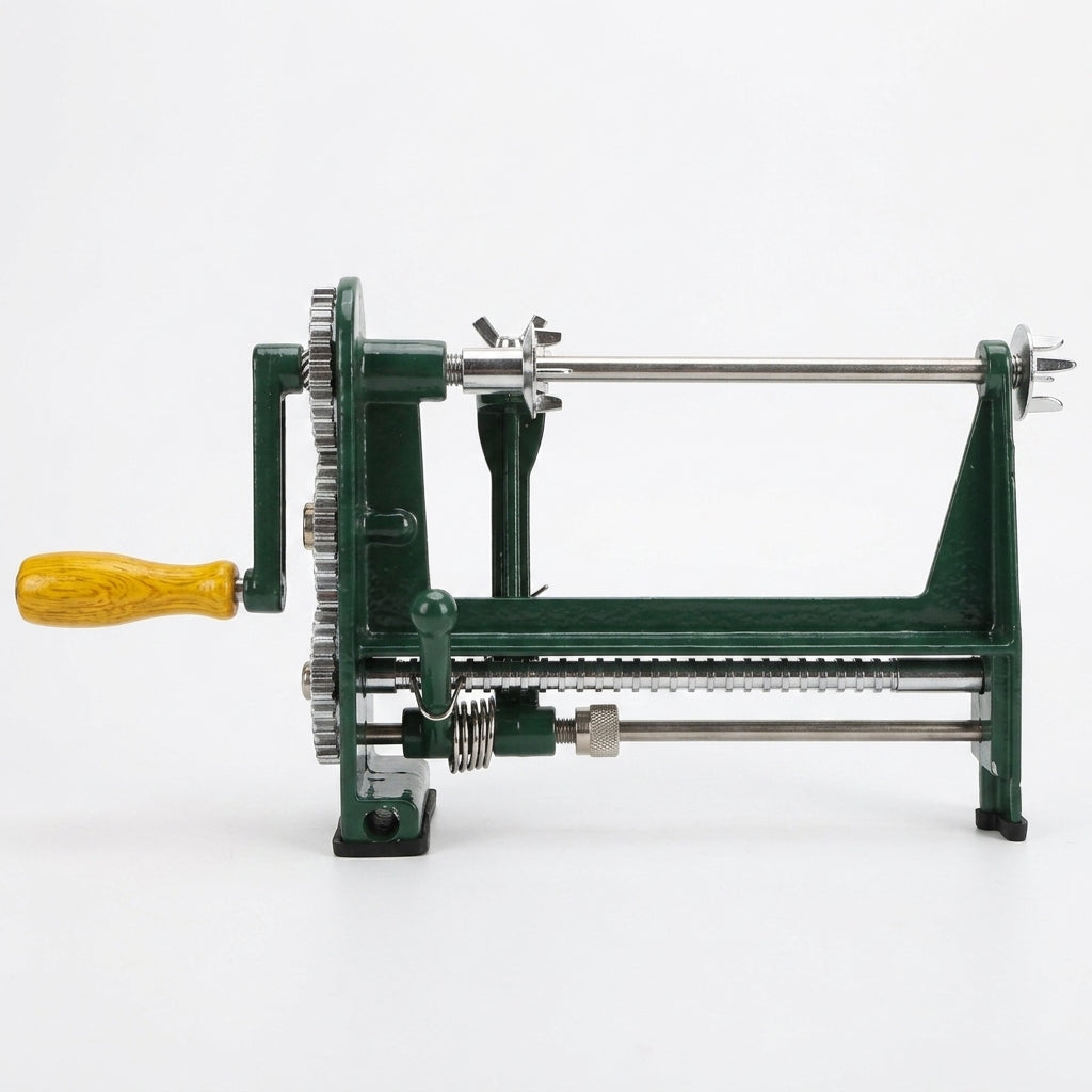 Apple speared on the spike being peeled by the crank machine