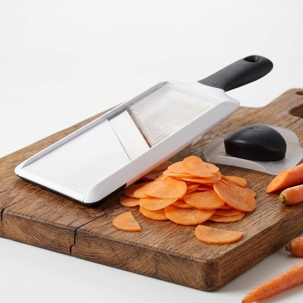 Perfectly even potato slices fanned out beside the mandoline