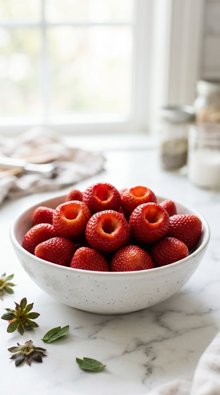 Bowl of freshly hulled strawberries cored and ready