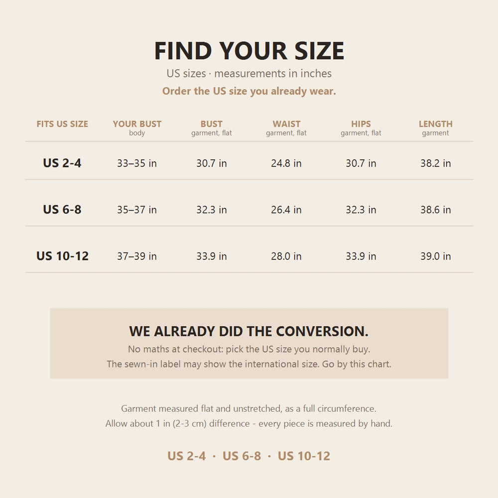 Size chart in US sizes and inches for US 2-4, US 6-8 and US 10-12