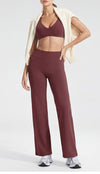 Wide-leg yoga pants in Ruby Red worn full length