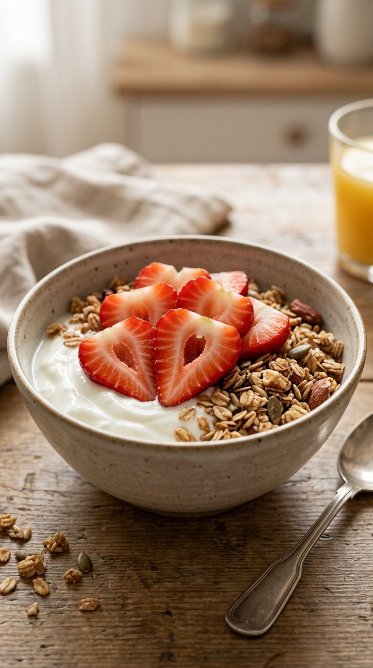 Sliced strawberries on a yogurt breakfast bowl