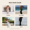 Color options for the cutout maxi dress: oatmeal, olive green, white and black