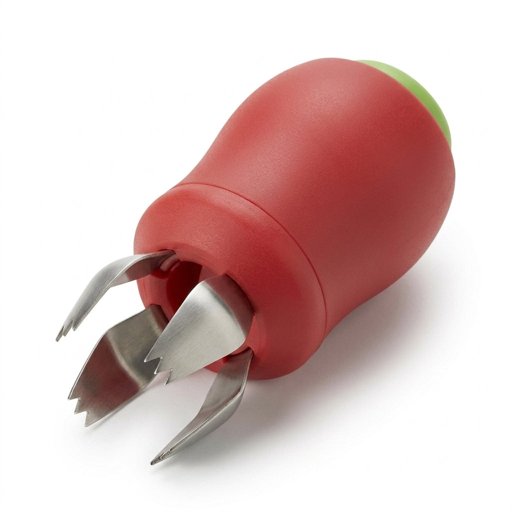 Close-up of the strawberry huller stainless steel claws