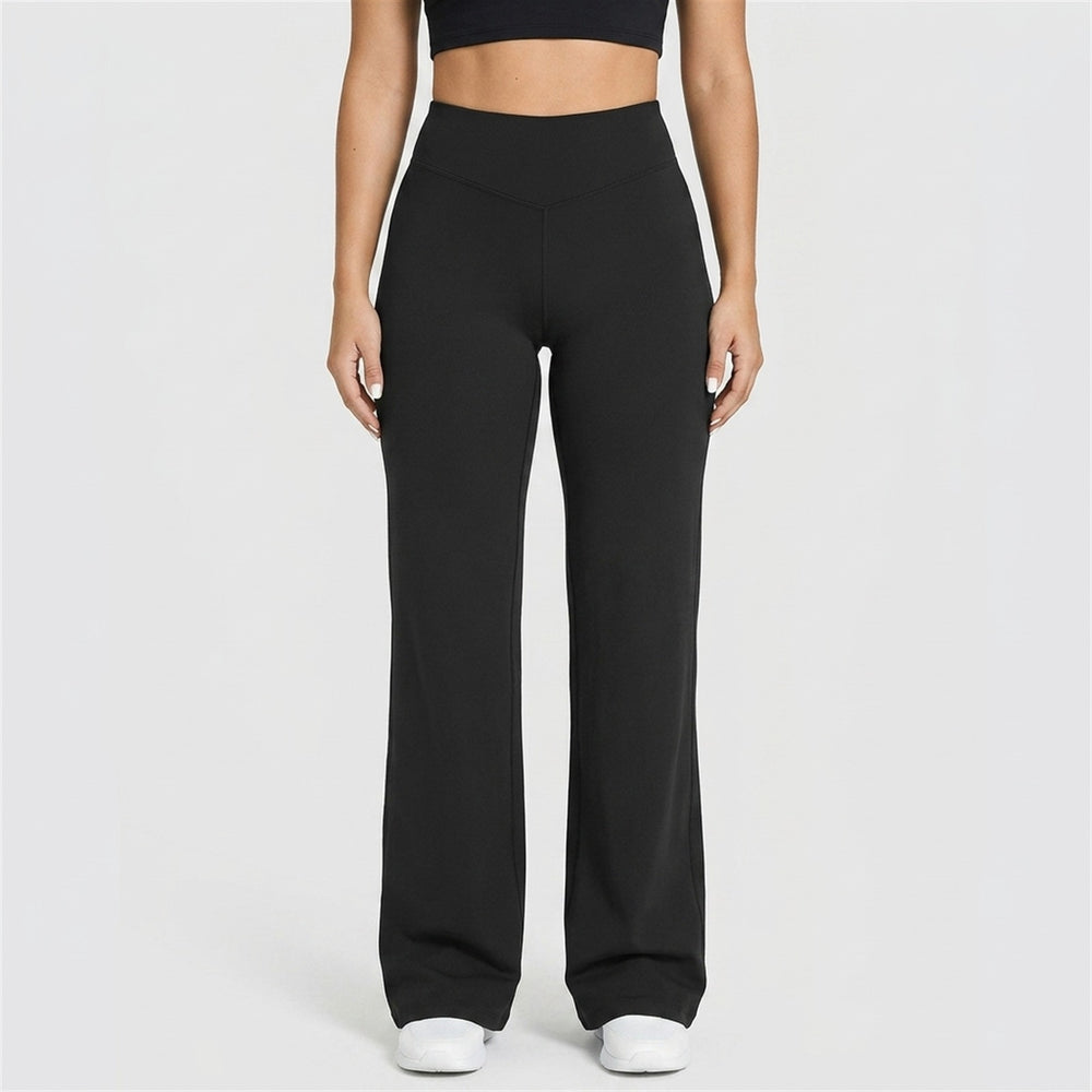 Wide-leg yoga pants in Black, front view, hem grazing the floor