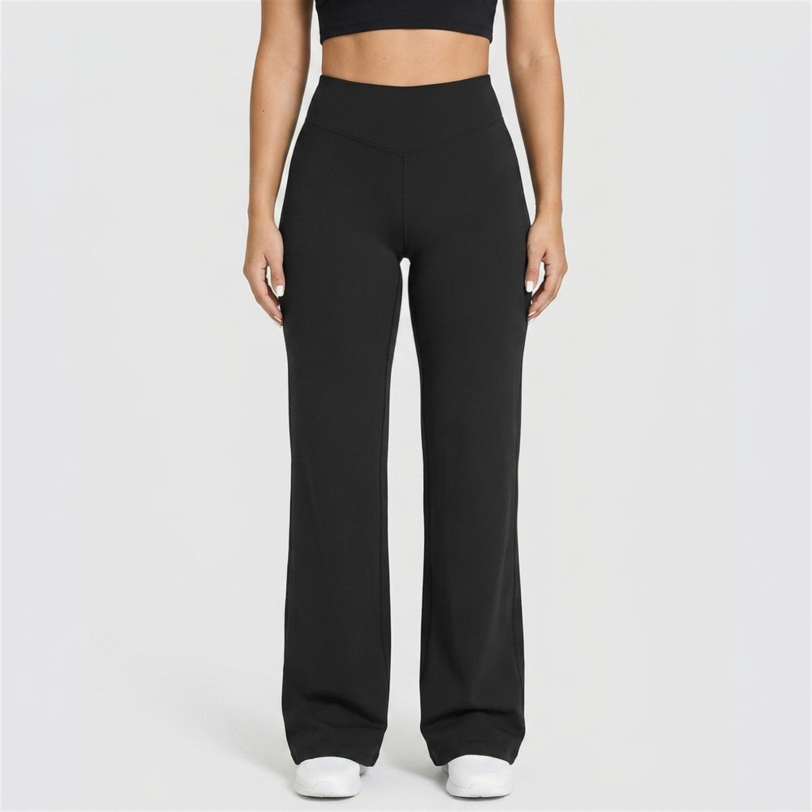 Wide-leg yoga pants in Black, front view, hem grazing the floor
