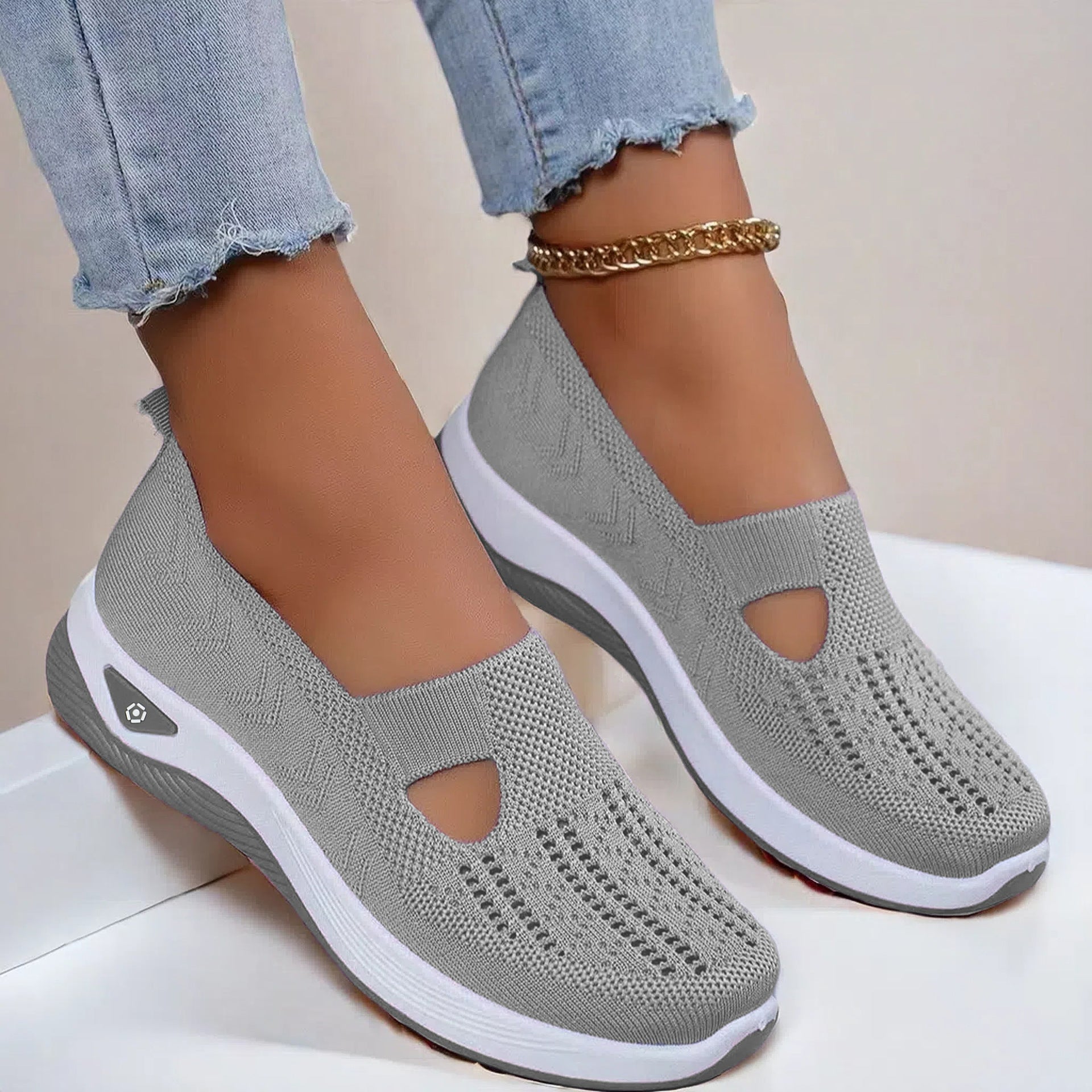 Mesh slip-on walking flats in Gray, worn
