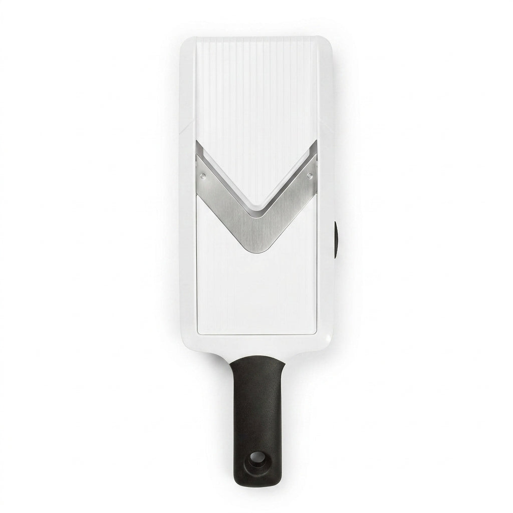 Compact handheld mandoline slicer, white body stainless blade