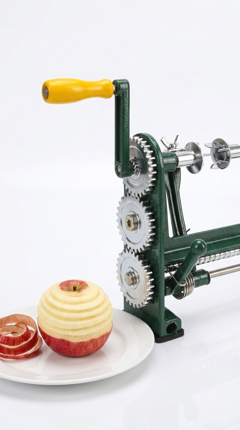 Hand crank citrus peeler in use on a kitchen counter