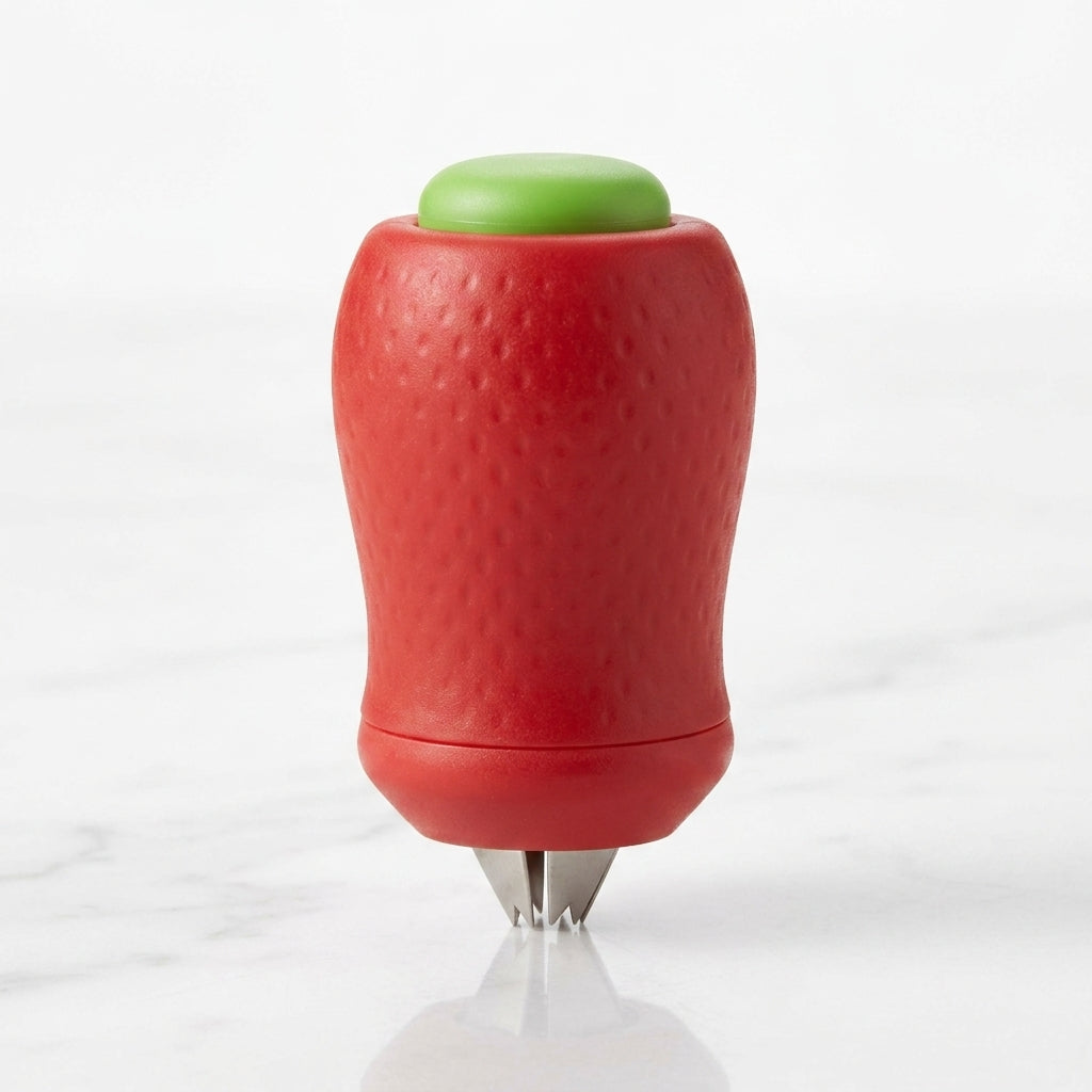 Red strawberry huller with green push button on marble