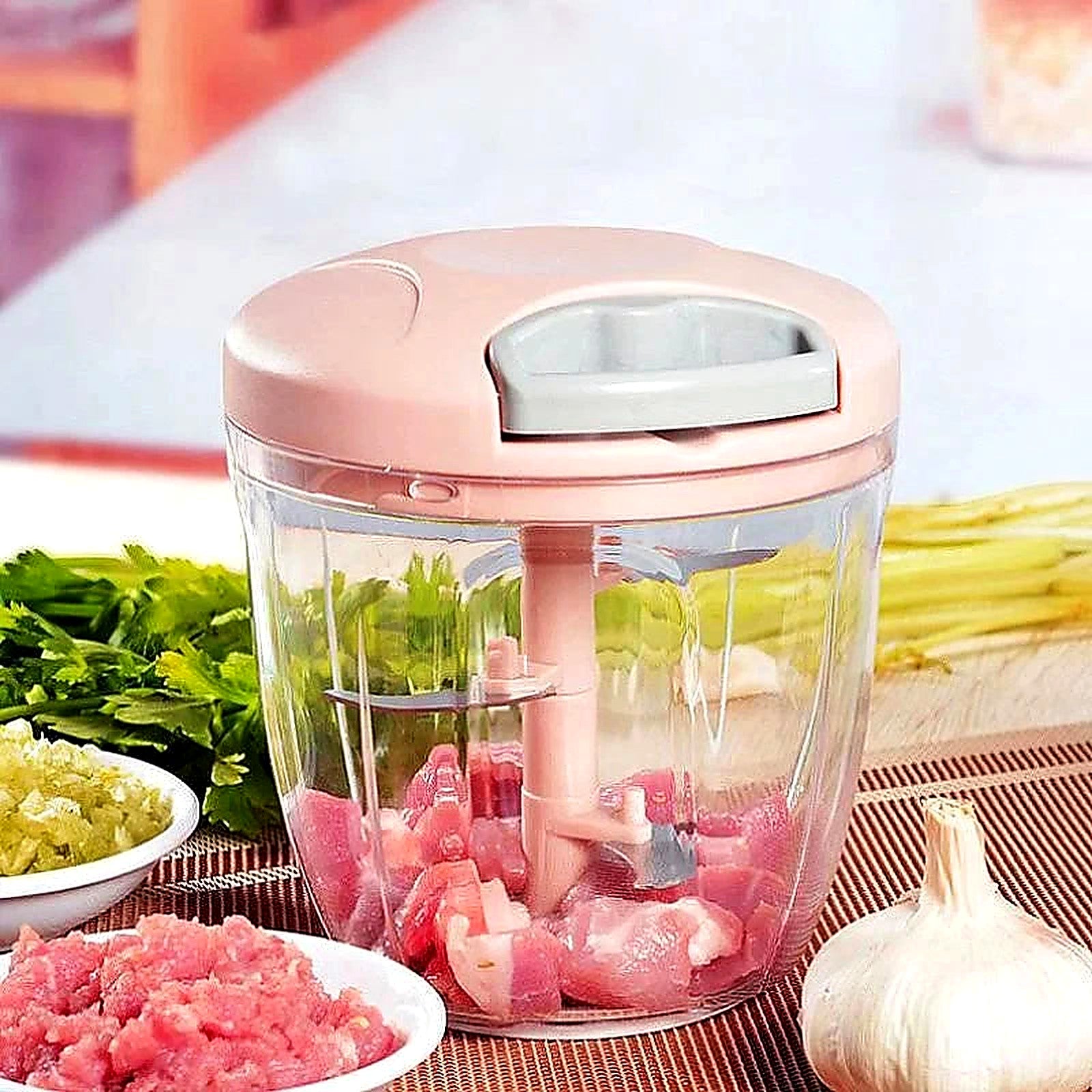 Hand chopper preparing meal prep ingredients — quick recipe-ready dicing in seconds