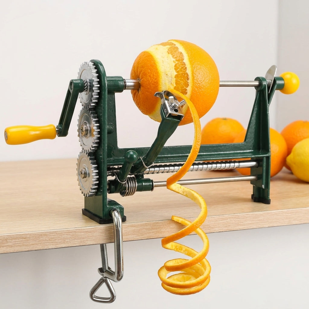 Front view of the green hand crank fruit peeler with chrome gears
