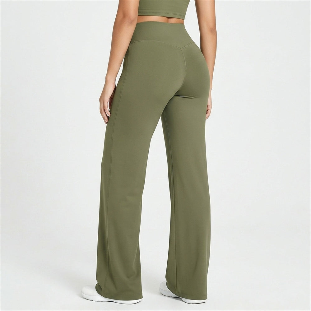 Wide-leg yoga pants in Olive Green, back view with centre leg seams