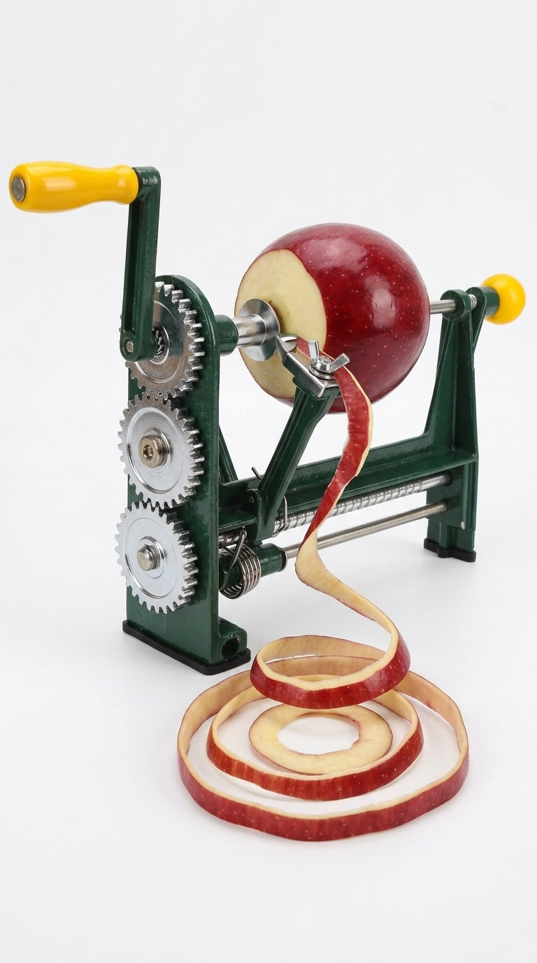Hand crank peeler with the screw clamp that locks it to the table