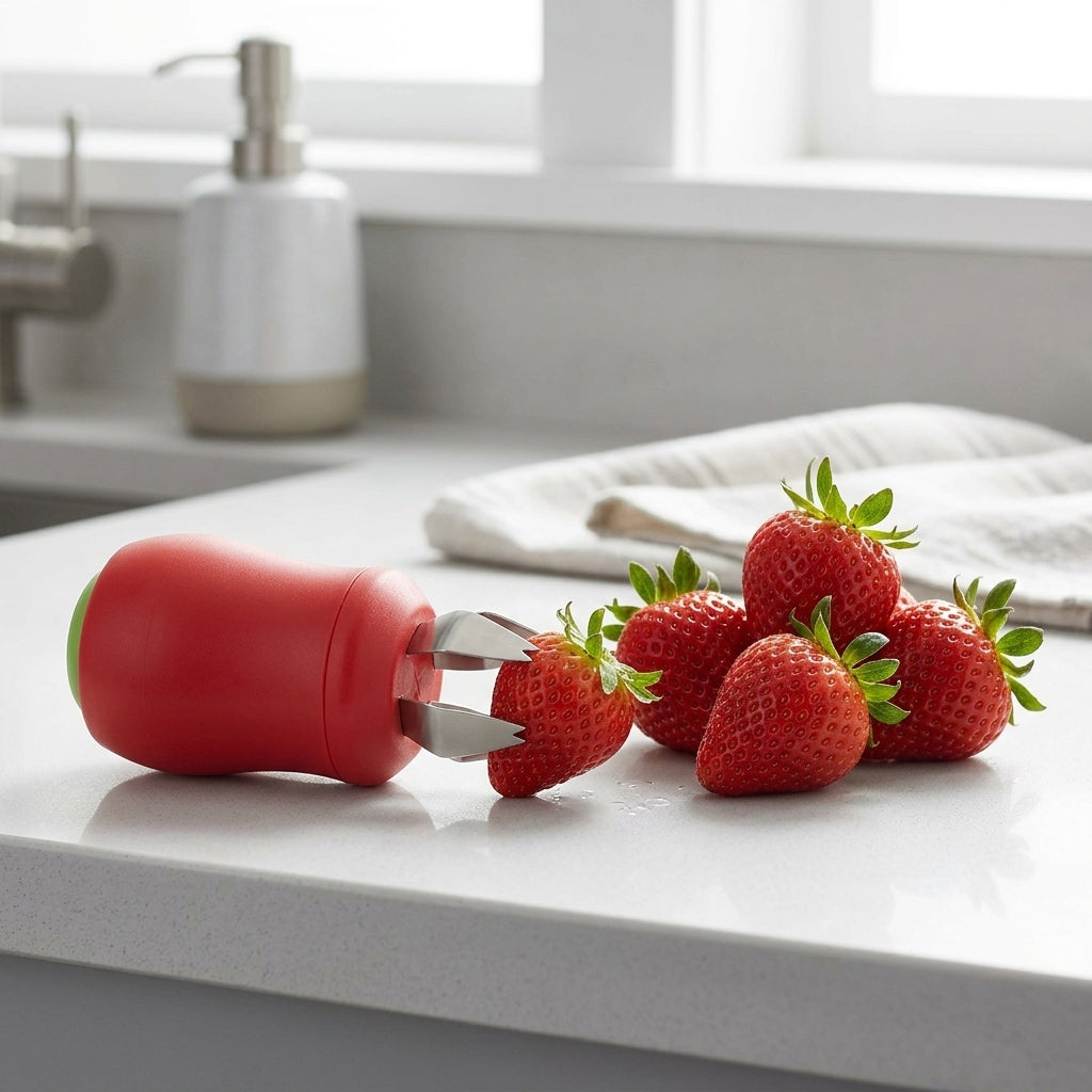 Strawberry huller stem remover on the counter with strawberries