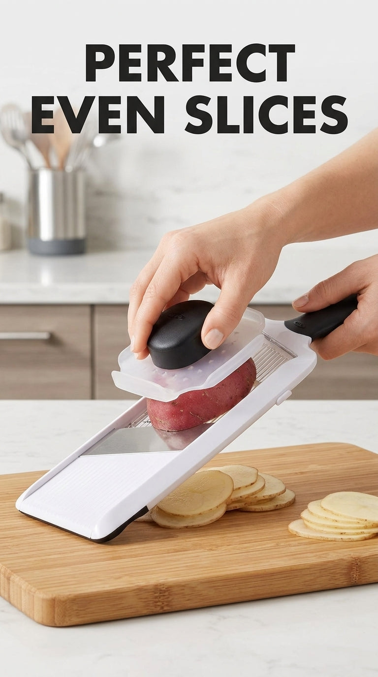 Perfect even slices - handheld mandoline slicer