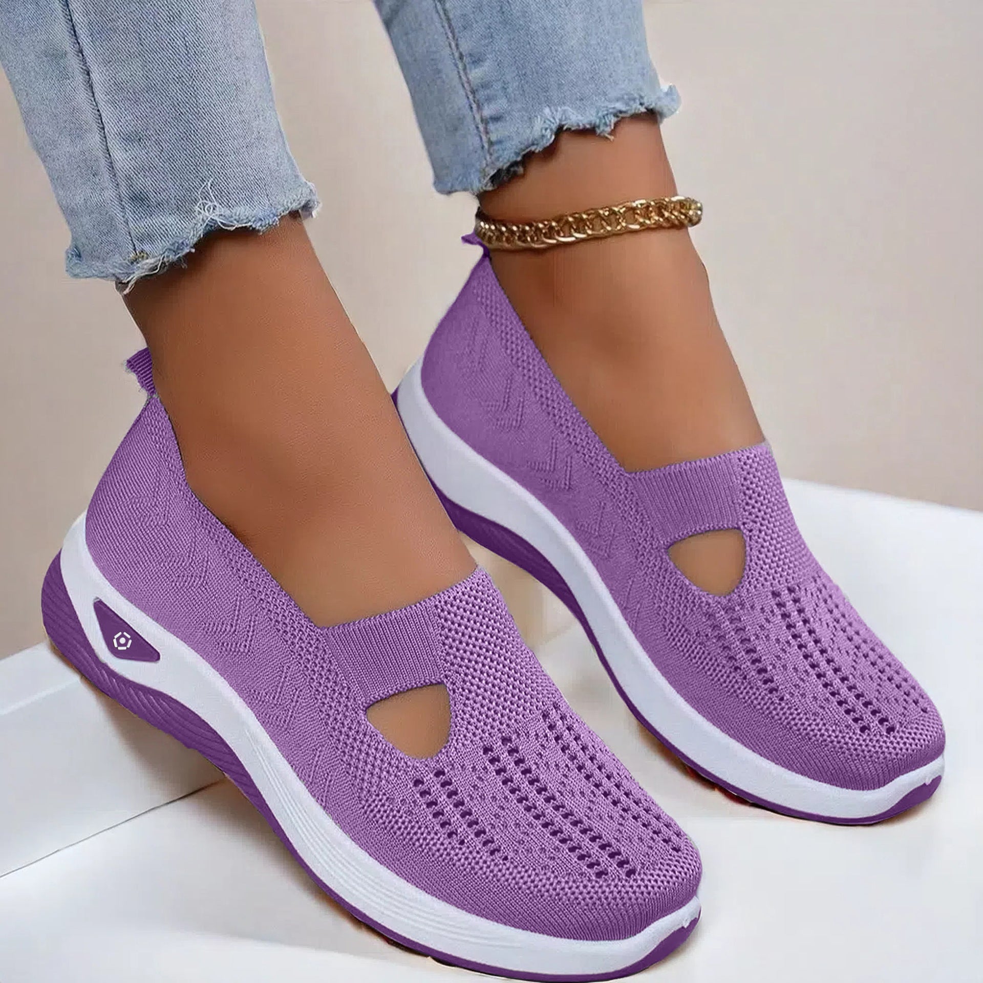 Mesh slip-on walking flats in Purple, worn