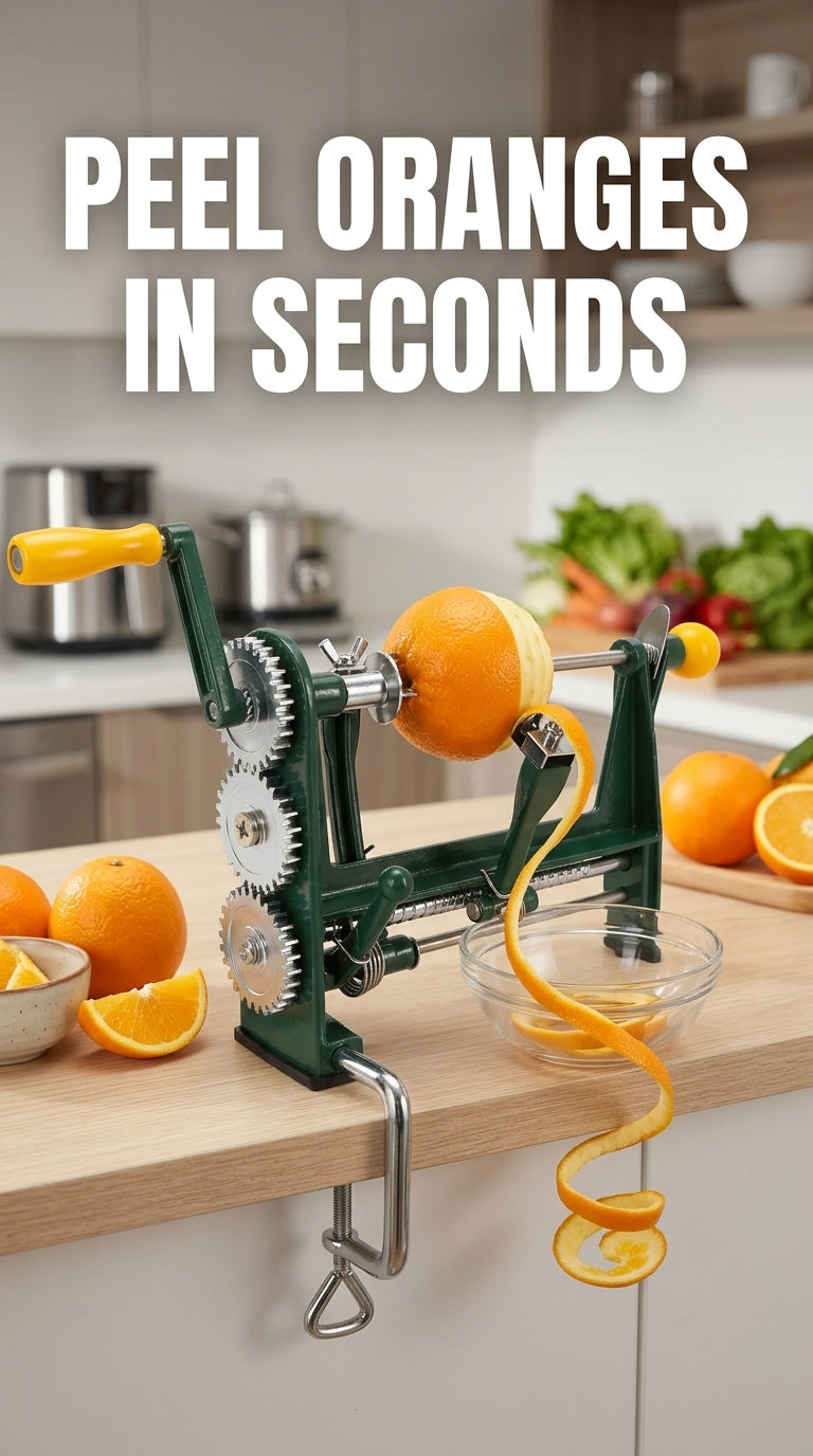 Snack time made easy - hand crank apple and orange peeler