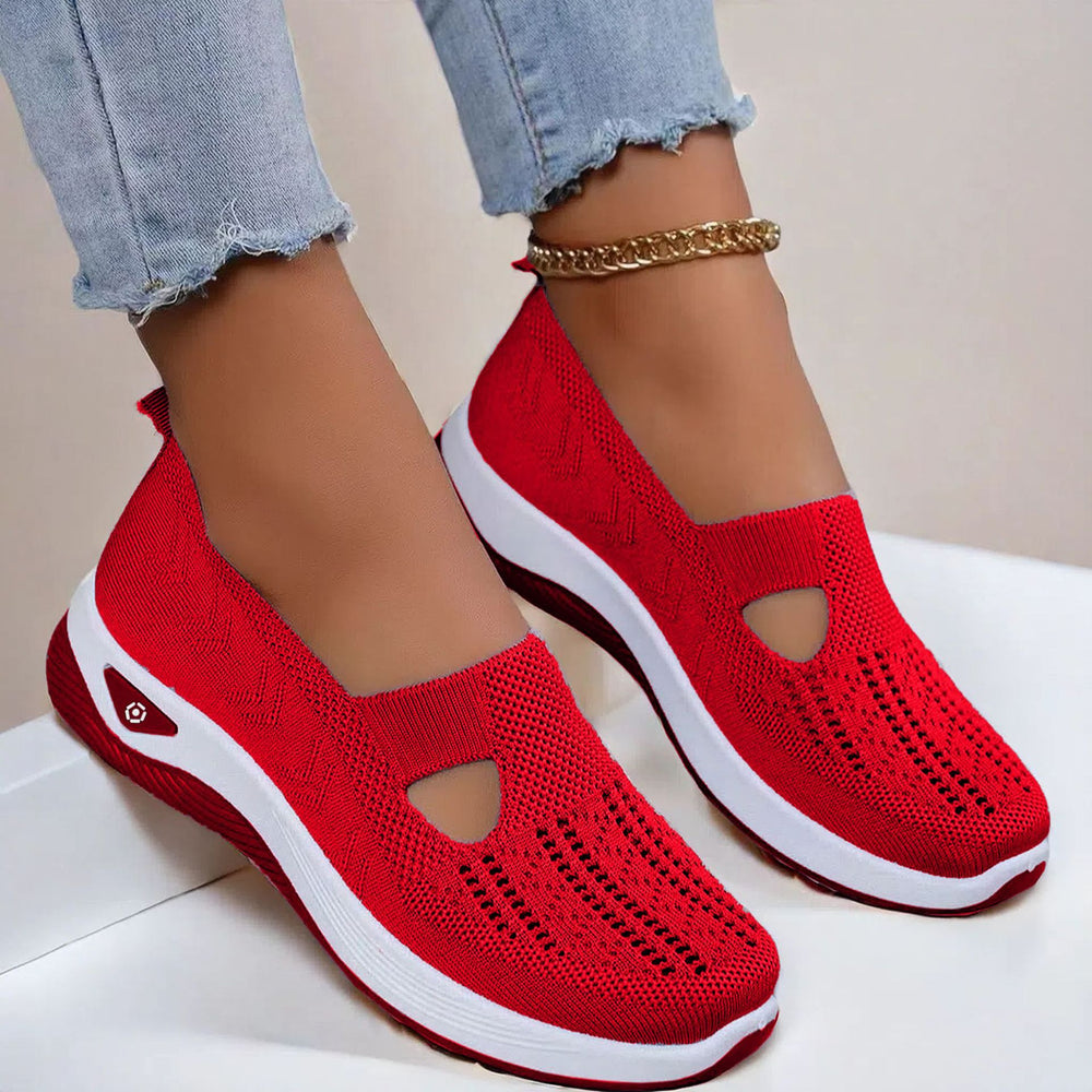 Mesh slip-on walking flats in Red, worn