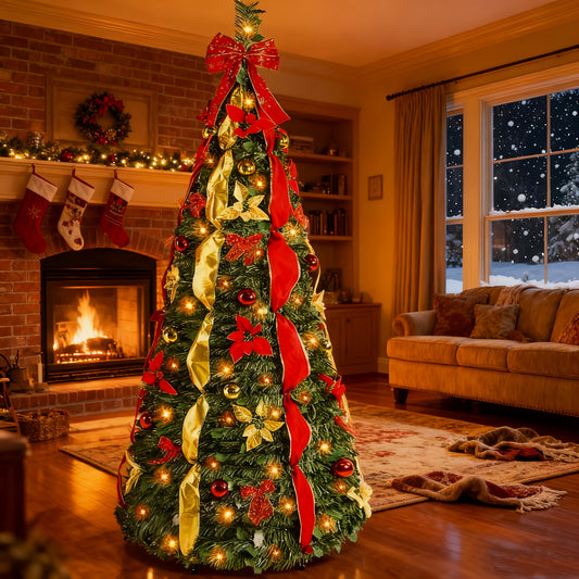 [Christmas] 4/5/6/7ft Pop Up Prelit Artificial Christmas Tree With Remote Control, Pre-Decorated Red&Golden Decorations, Pre-Lit White & Multi-Color Lights, Perfect Choice For Xmas Decoration, 4/5/6/7ft, Christmas Tree With B