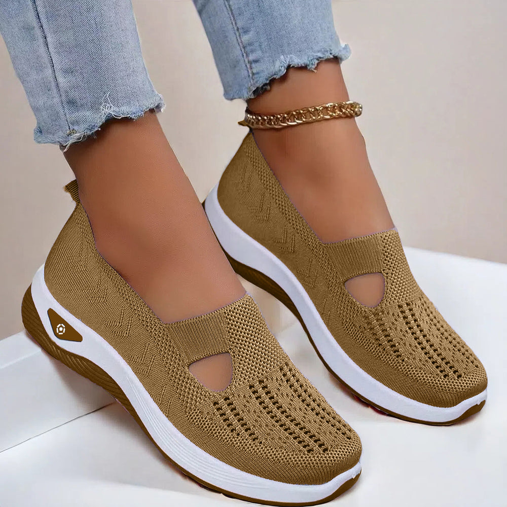 Mesh slip-on walking flats in Coffee, worn