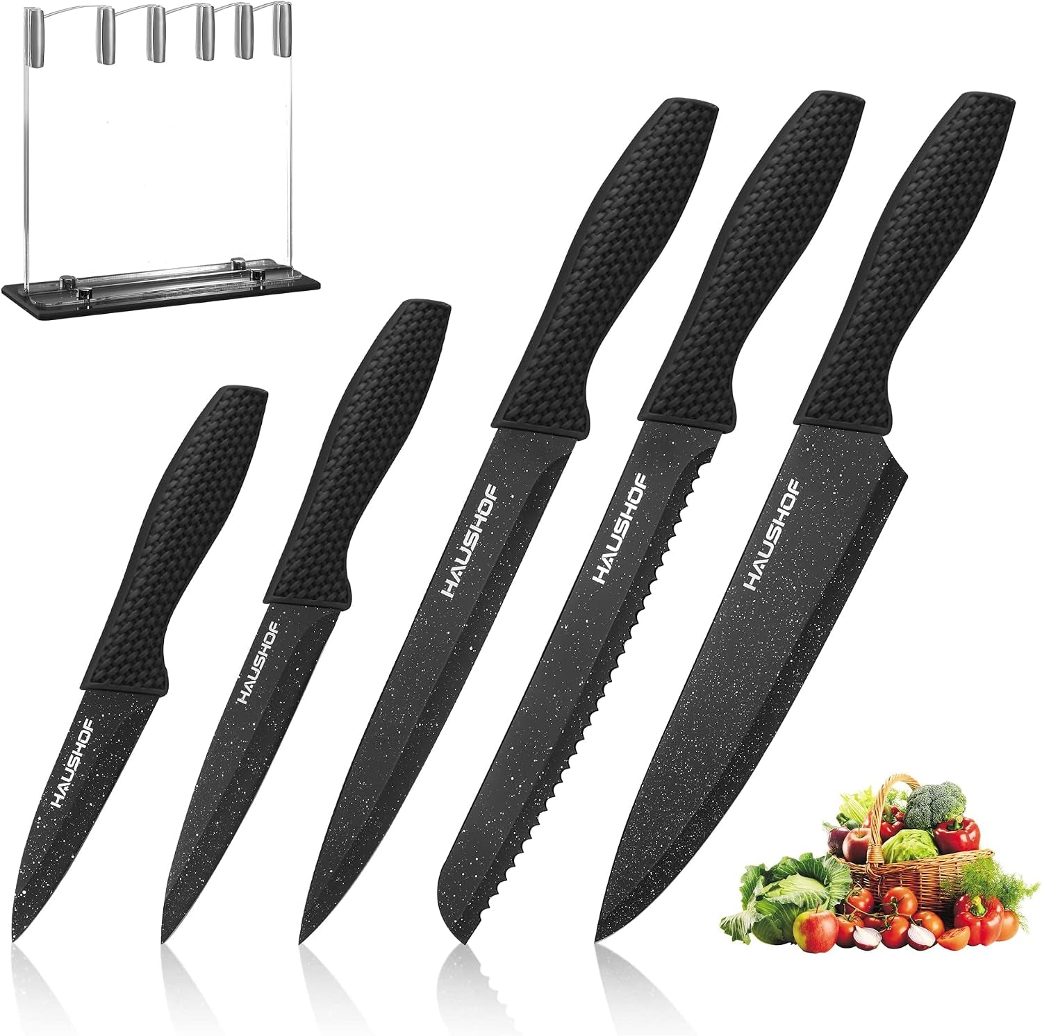 Kitchen Knife Set, 5 PCS Knife Sets with Arcylic Block, Teflon Coated Black Knives Set for Kitchen, Premium Stainless Steel Knives Set with Ergonomic Handle, Great for Slicing, Dicing&Cutting