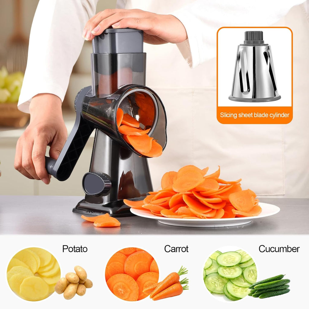 Rotary Cheese Grater Manual Hand Crank 3-In-1 Vegetable Shredde | Finger-Safe Design, Stainless Steel Drums, Suction Base. Perfect for Cheese, Vegetables, Nuts & Chocolate. Easy to Clean
