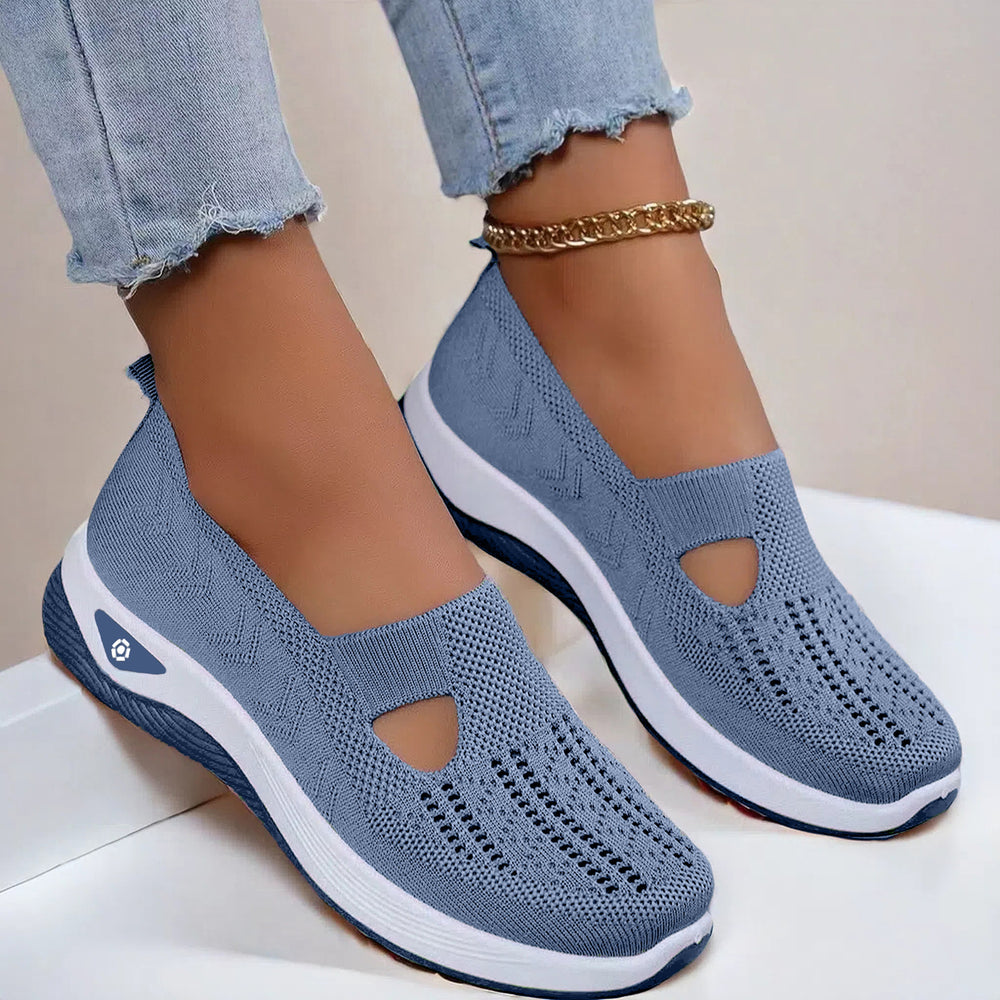 Mesh slip-on walking flats in Sky Blue, worn