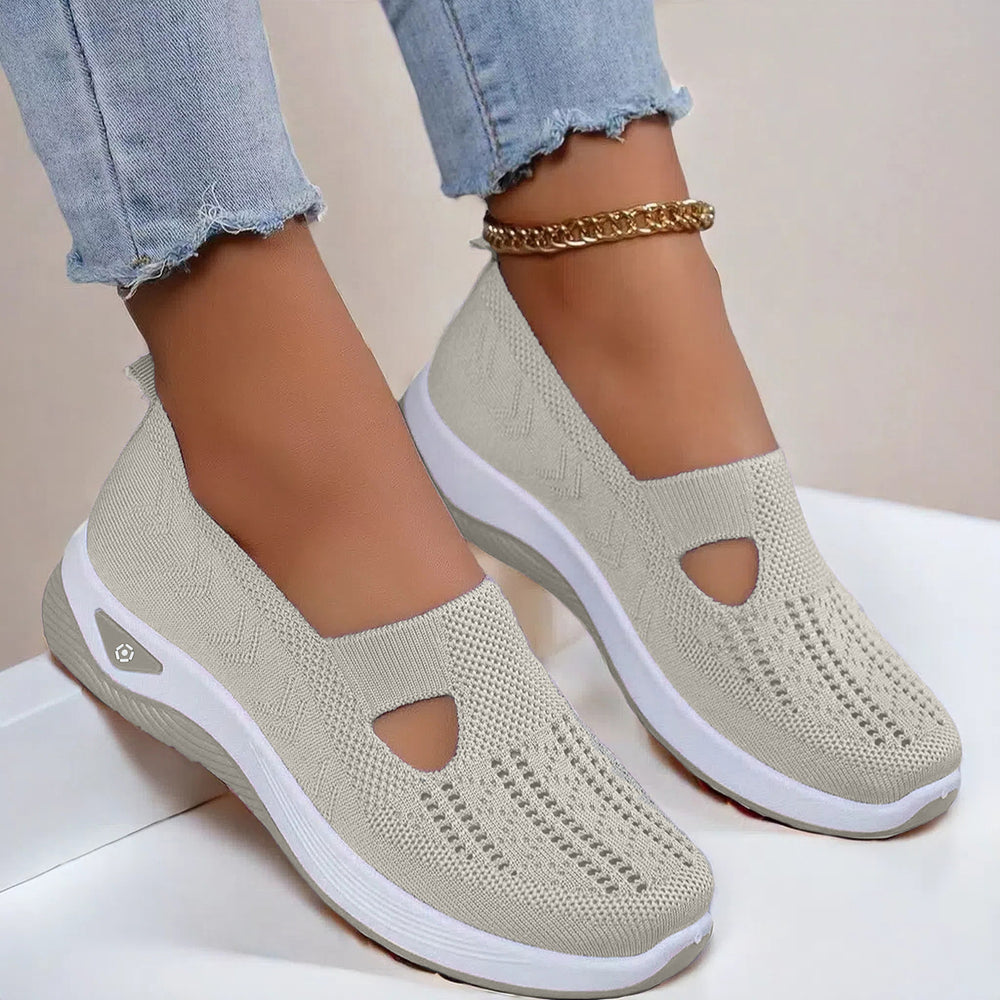 Mesh slip-on walking flats in Beige, worn