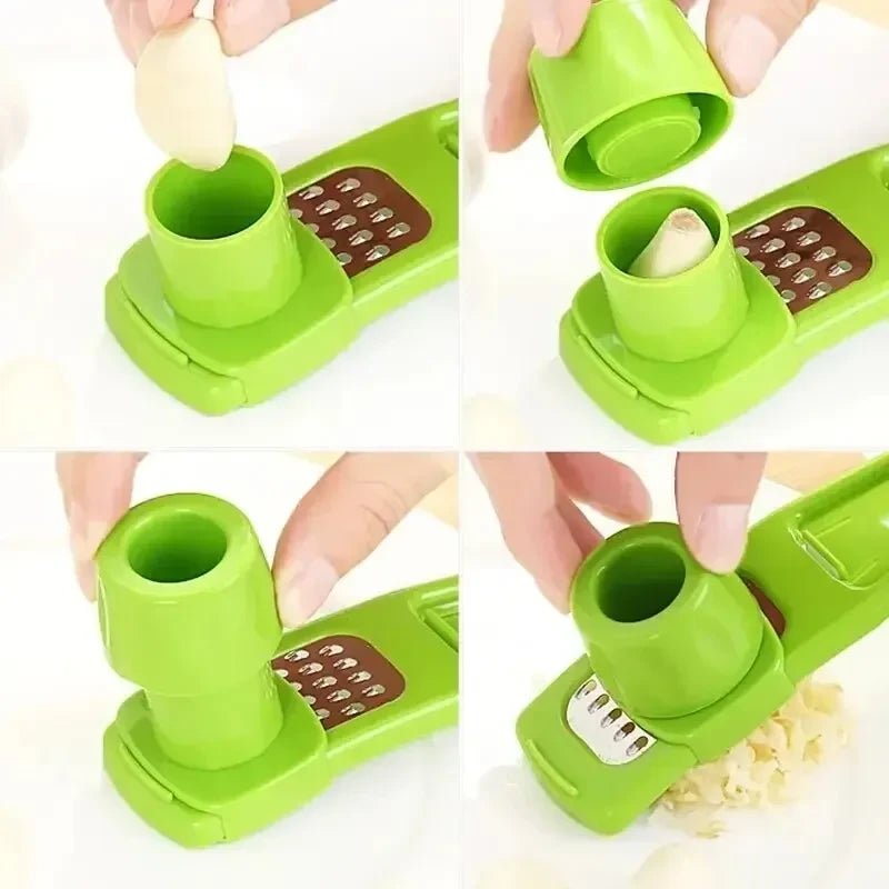 Garlic Press & Chopper with Container – Manual Garlic Mincer Stainless Steel Blades, Handheld Crusher for Garlic Ginger Herbs