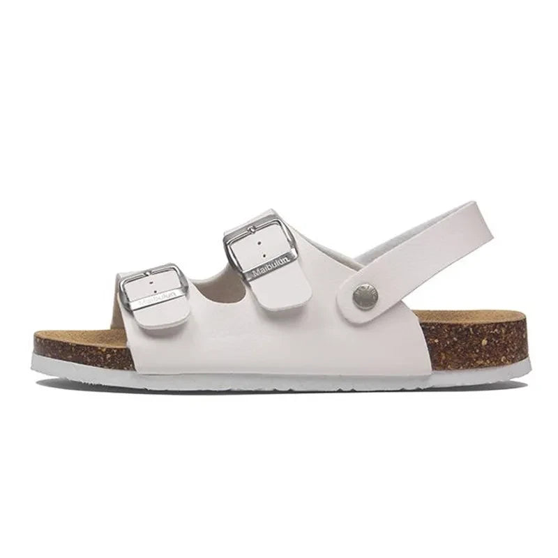 Sandalias de Ante con Tachas — Doble Hebilla, Suela de Corcho, Burdeos para Mujer