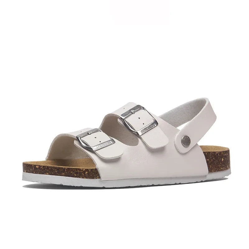 Sandalias de Ante con Tachas — Doble Hebilla, Suela de Corcho, Burdeos para Mujer