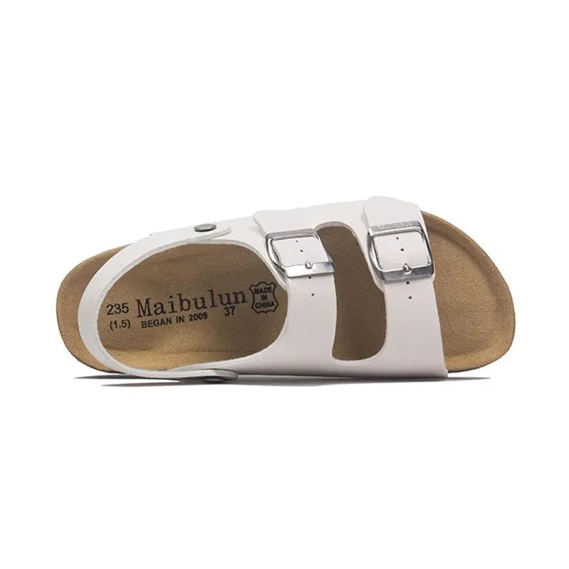 Sandalias de Ante con Tachas — Doble Hebilla, Suela de Corcho, Burdeos para Mujer